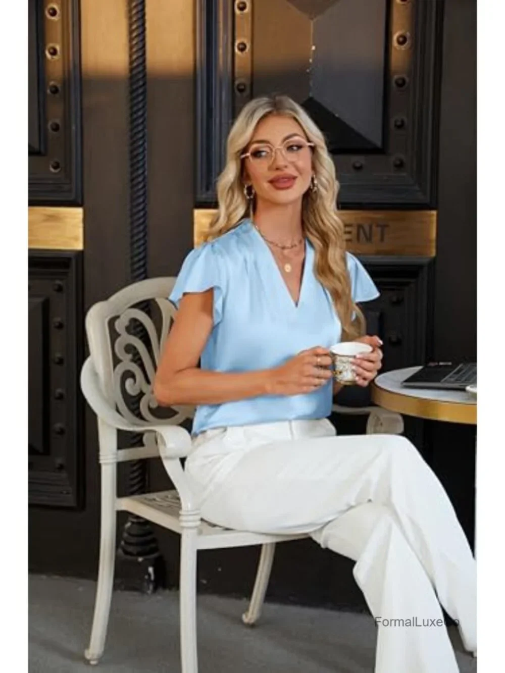 Women's Satin Ruffle Short Sleeve Blouse V-Neck Flowy Business Casual Top